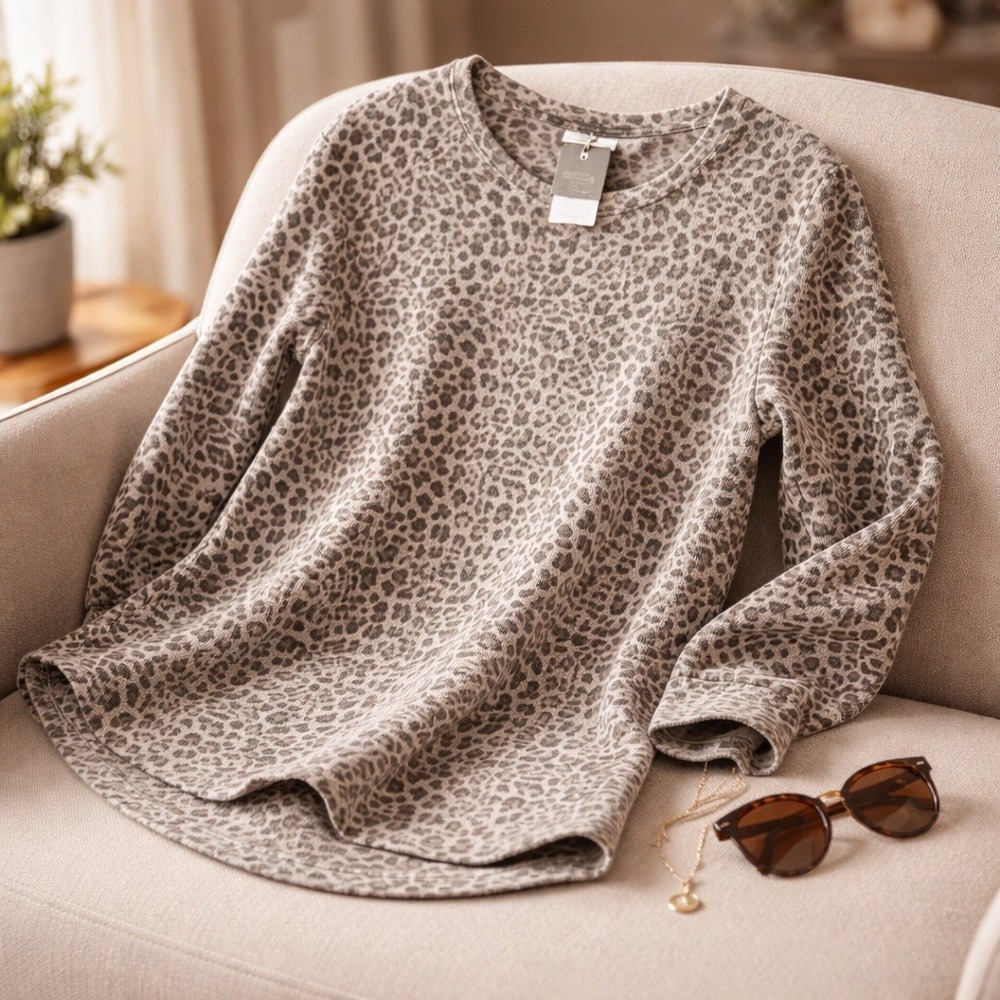 Grayson Threads Leopard‎ Print Long Sleeve Sweatshirt Top Women's 1X NWT